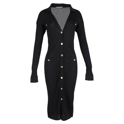 Versace Ribbed Buttoned Midi Dress In Black Viscose