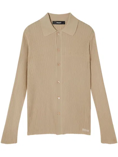 Versace Ribbed Knit Cardigan In Beige