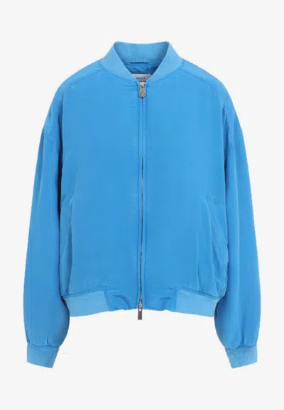 Versace Relaxed Fit Silk Jacket With Embroidered Logo And Zipper Closure In Blue