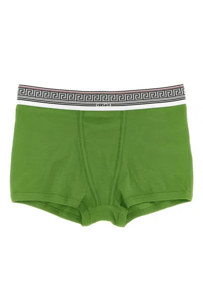 Versace Ribbed Cotton Boxer Briefs With Greca Band In Green