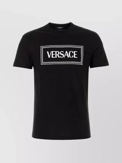 Versace Black Crewneck T-shirt With Contrasting Logo Lettering Print In Cotton