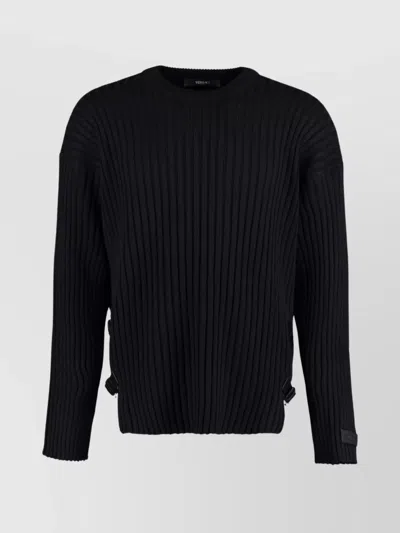 Versace Ribbed Crew-neck Wool Sweater With Side Slits In Black