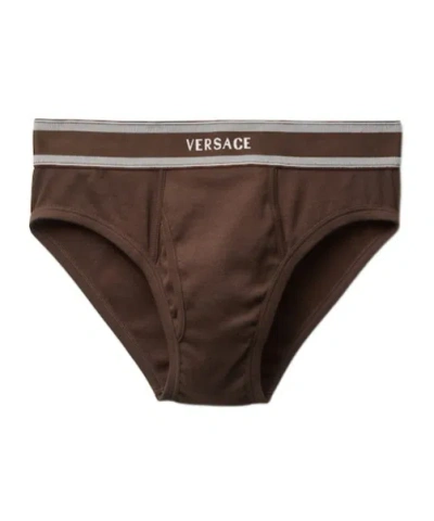 Versace Ribbed Jersey Briefs In Brown