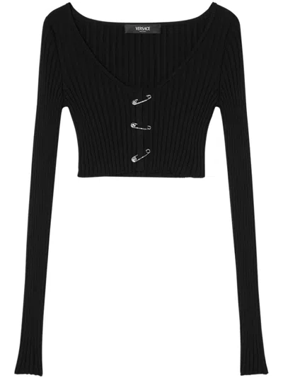 Versace Ribbed-knit Cardigan In Black