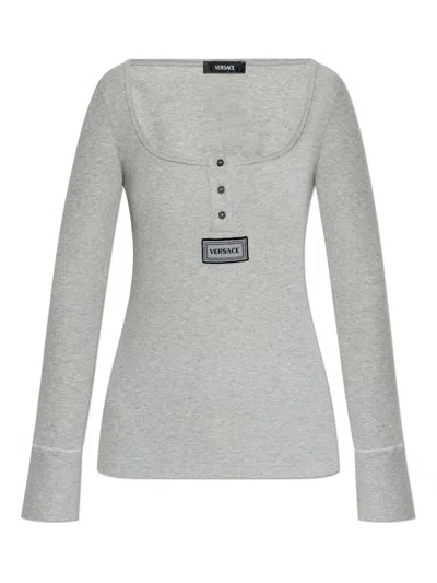 Versace Ribbed-knit Henley T-shirt In Grey