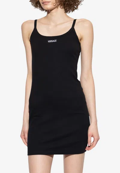 Versace Ribbed Knit Logo Mini Dress In Black