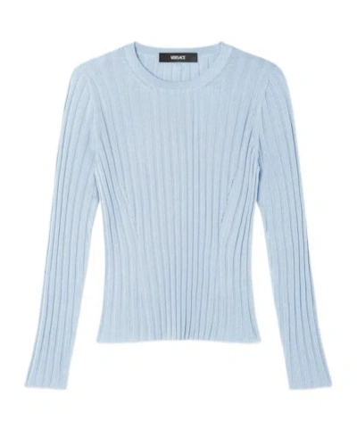 Versace Ribbed Knit Viscose-blend Crewneck Top In Blue