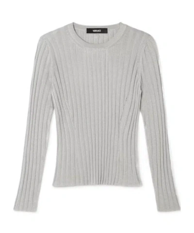 Versace Ribbed Knit Viscose-blend Crewneck Top In Gray