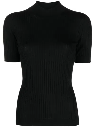 Versace High-neck Ribbed-knitted Short-sleeved Top In Black