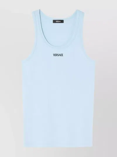 Versace Logo-print Ribbed-knit Tank Top In Blue
