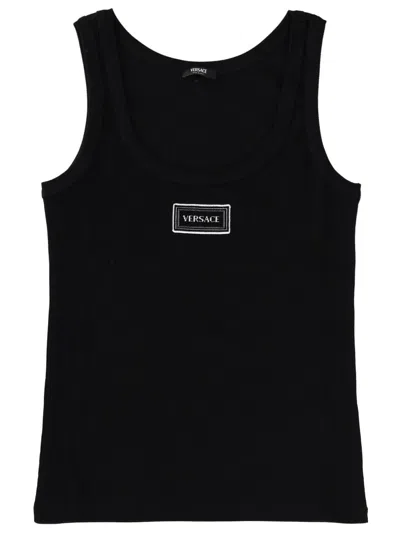 Versace Ribbed Stretch Cotton Tank Top In Black