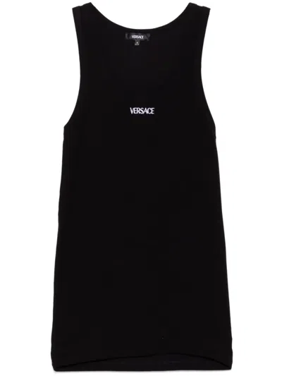 Versace Logo-embroidered Ribbed Tank Top In Black