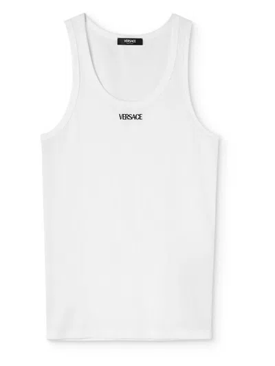 Versace Logo-embroidered Stretch-cotton Vest In White And Black