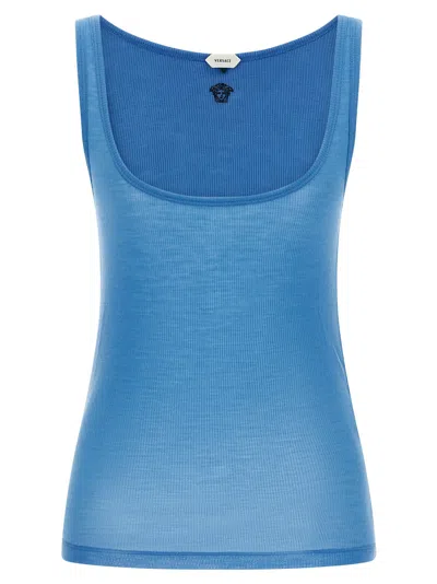 Versace Ribbed Virgin Wool Tank Top In Blue