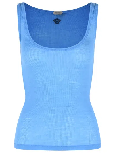 Versace Ribbed Virgin Wool Tank Top With Sky Blue Embroidery