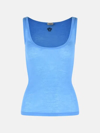 Versace Ribbed Silk-nylon Sleeveless Top With Subtle Logo In Blue