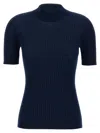 Versace Ribbed Wool Mock Neck Short Sleeve In Blue