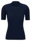 Versace Ribbed Wool Mock Neck Short Sleeve In Blue