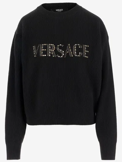 Versace Ribbed Wool Sweater With Studs In Black
