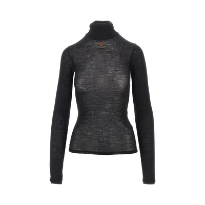 Versace Ribbed Wool Turtleneck Top In Black
