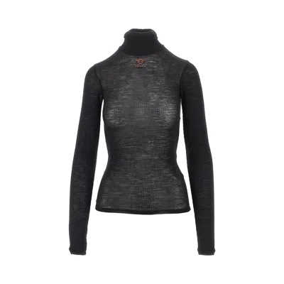 Versace Ribbed Wool Turtleneck Top In Black