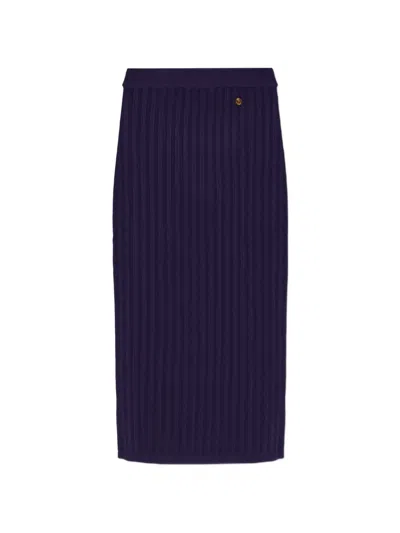 Versace Ribbed-knit Medusa-plaque Midi Skirt In Blue