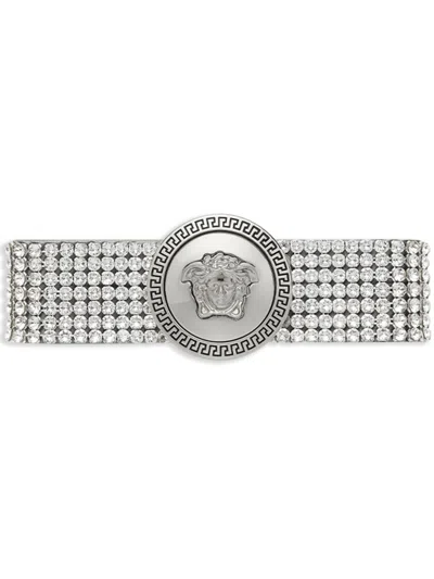 Versace Right Metal Mesh Gianni Ribbon Hair Clip In Argent