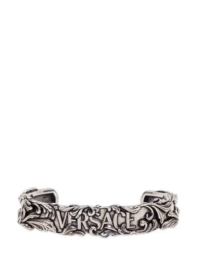 Versace Rigid Metal Bracelet With Baroque Details In Silver