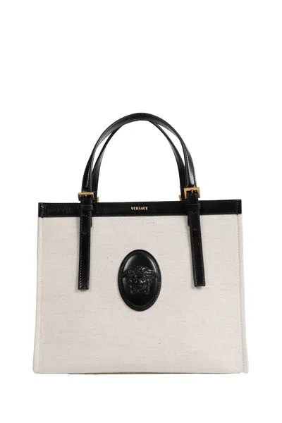 Versace Rivière Canvas Tote Bag In Sand
