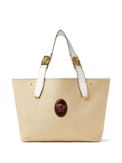 Versace Rivière Large Raffia Tote In Neutral