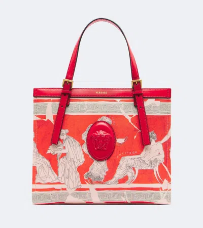 Versace Rivière Mini Printed Canvas Shopper In Red