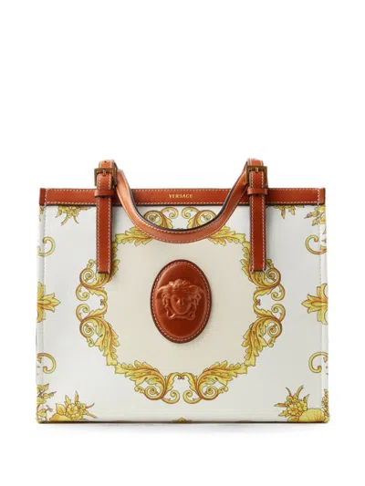 Versace Rivière Pinted Canvas Tote In Brown
