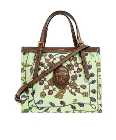 Versace Rivière Printed Canvas Tote In Green