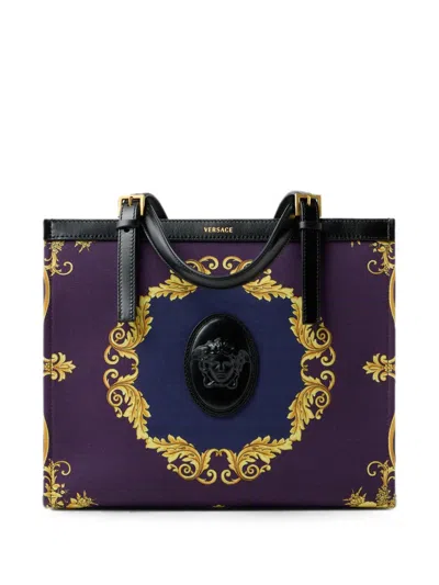Versace Medium Printed Cotton Tote Bag In Gold