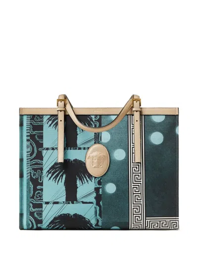 Versace Rivière Printed Large Canvas Tote In Blue