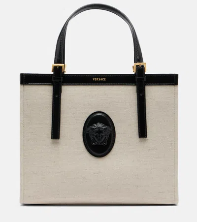 Versace Rivière Small Canvas Tote Bag In Neutral
