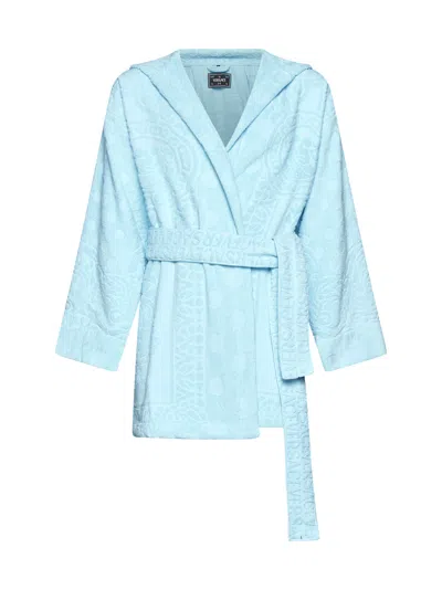 Versace Barocco-print Terry-cloth Robe In Blue