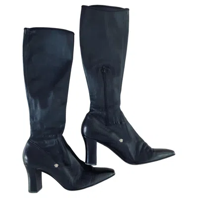 Pre-owned Versace Roberto Cavalli Leather Boots F/w 2001 Black Gold Toned Medusa