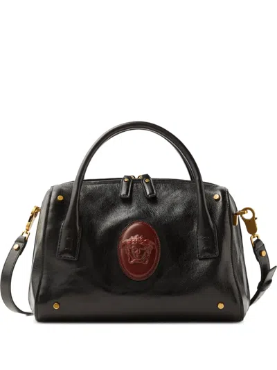 Versace Roomy Small Leather Boston Bag In Black