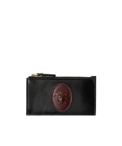 Versace Roomy Leather Zip Card Holder In Black