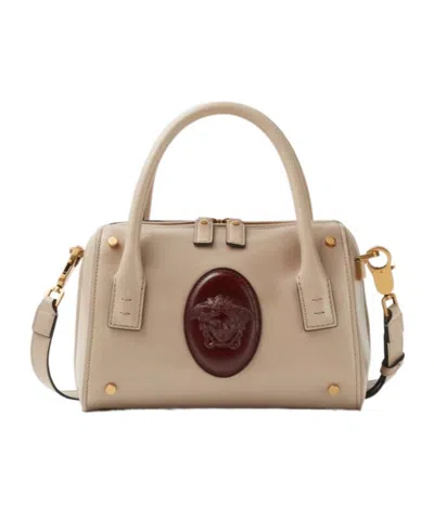 Versace Roomy Small Leather Boston Bag In Brown