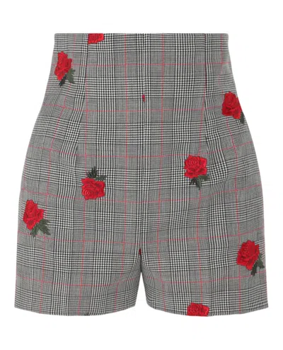 Versace Rose-embroidered Check-print Shorts In Black