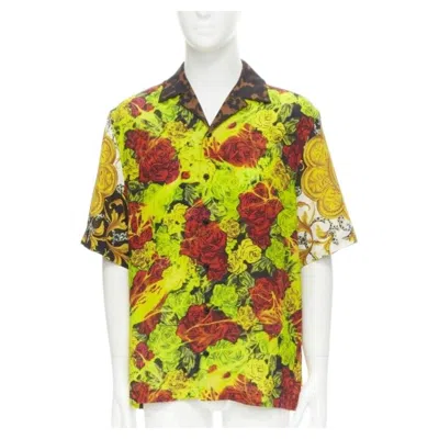 Pre-owned Versace Rose Floral Barocco Acanthus Print Short Sleeve Shirt Eu39 M In Red