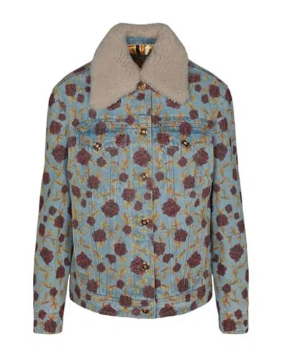 Versace Rose Printed Denim Fur Trim Jacket Woman Denim Outerwear Multicolored Size 6 Cotton In Blue