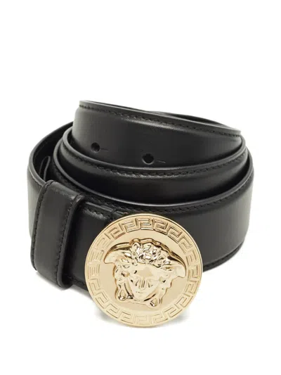 Pre-owned Versace Round Buckle Leather Belt In Black