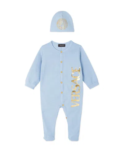 Versace Babies' Round Collar Long-sleeved Jumpsuit  Hat Set In Blue