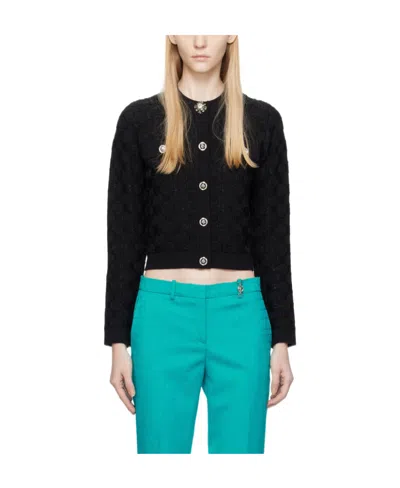 Versace Round Neck Long Sleeved Knitted Cardigan In Black