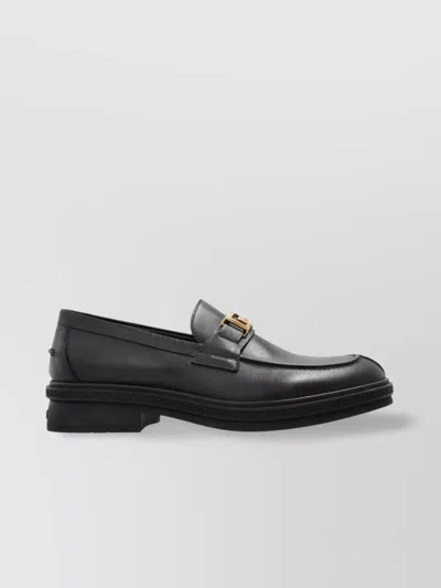 Versace Round Toe Lace Shoes With Gold-tone Buckle In Black