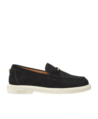 Versace Round Toe Loafers In Black
