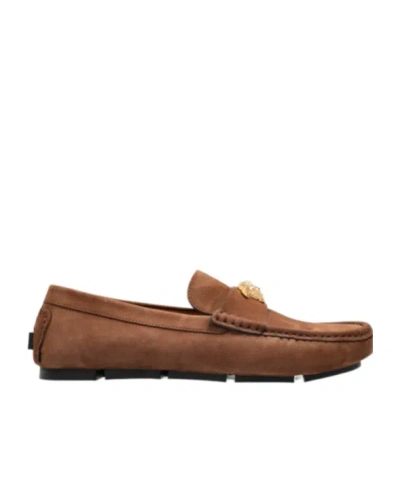 Versace Round Toe Loafers In Brown